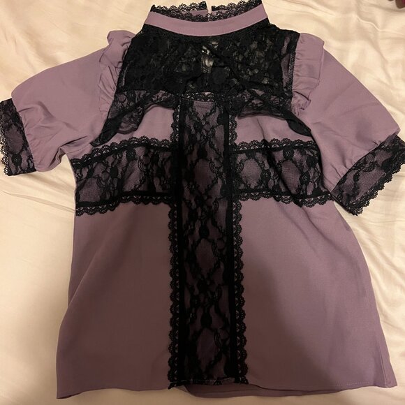 Dear My Love Purple and Black Lace Cross Ruffle Short Sleeve Blouse - Picture 4 of 4